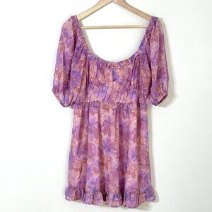 Jessica Simpson Floral Chiffon Milkmaid Mini Dress Puff Sleeves Ruffles Coquette